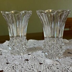 2 Vintage Crystal 5" Vases, Scalloped Pattern, Diamond Cut